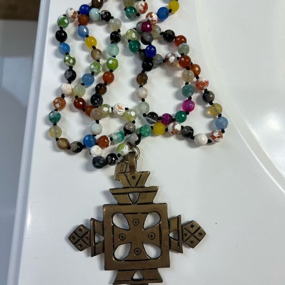 Beautiful Brass Ethiopian Cross With Hand Tied Glass Beads STUNNING!! 22 in - Picture 2 of 3